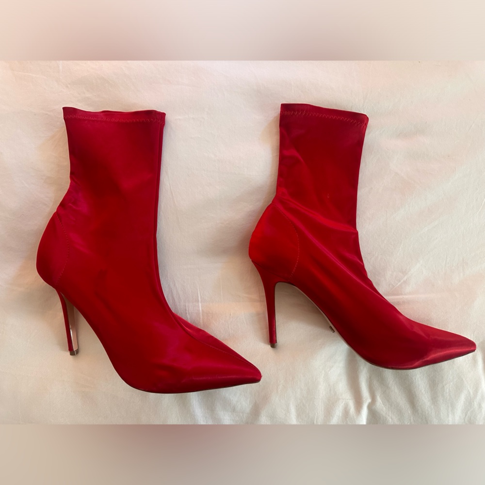 Tony Bianco Red Heeled Boots with Stiletto Heel and Satin Finish